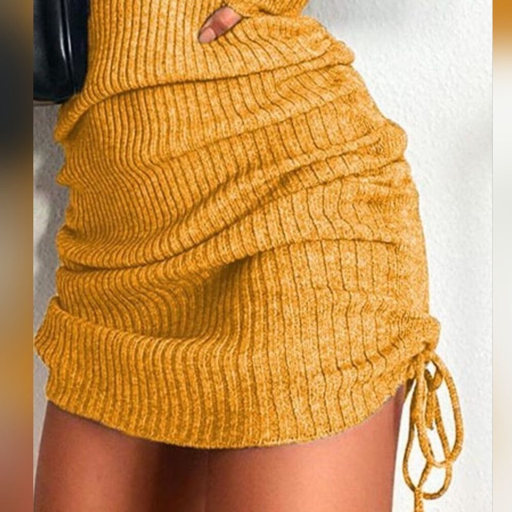 Casual Ruched Sweater Dress Ribbed Knit Drawstring Bodycon Hot Pink size Lg - Picture 10 of 10
